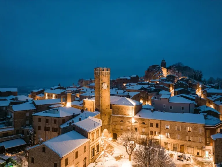 Aerial view with snow of Santa Vittoria in Matenano